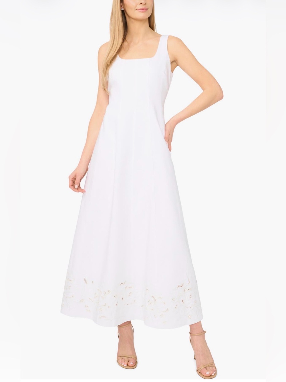 Halogen $169 Seamed Sleeveless White Maxi Dress with Subtle Hem Embroidery